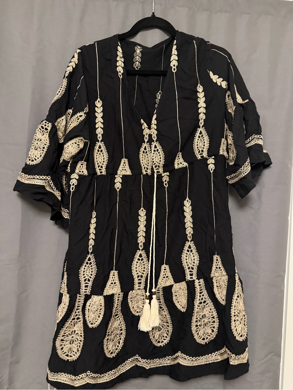 Black Tunic Dress with Cream Embroidered Tassels